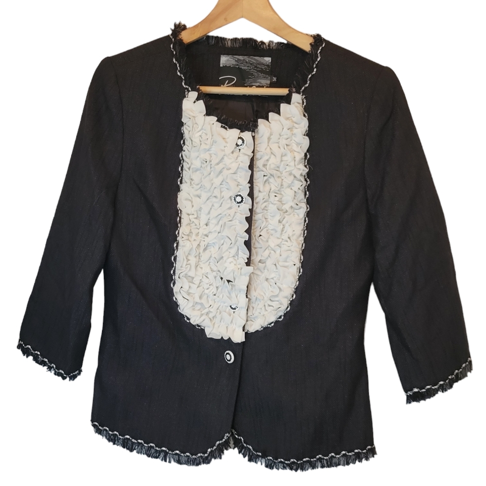 Roni Women's Tweed Ruffle Detail Blazer/ Jacket Black Size Medium